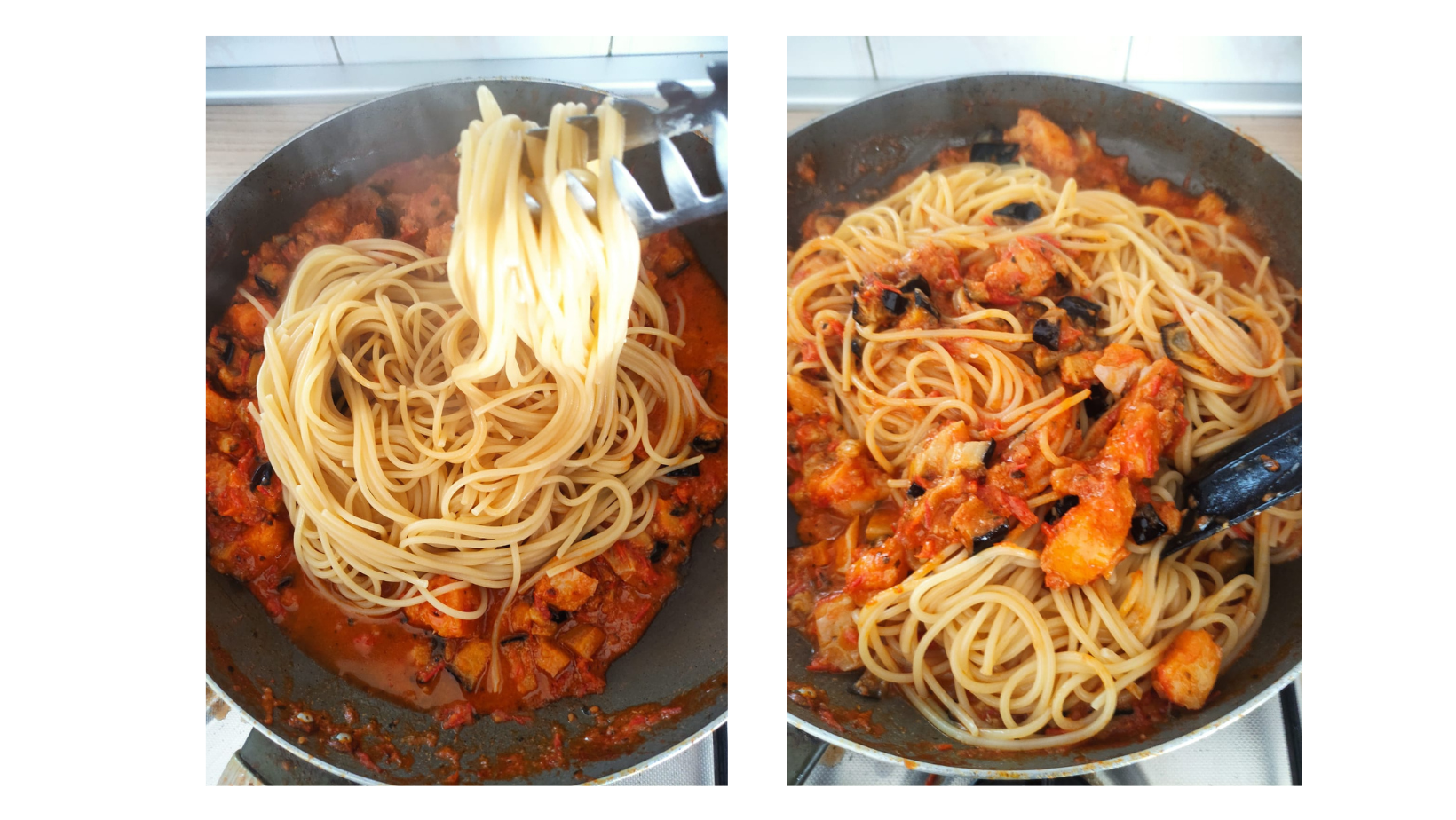 Spaghetti con baccalà e melanzane